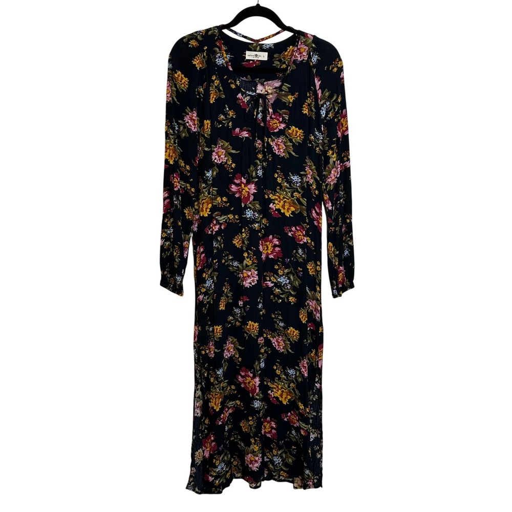 Natural Life Long Sleeve Tie Neck Midi Dress Size L Black Floral Boho‎ Peasant